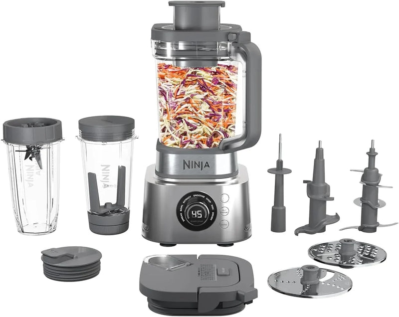 Blender and food processor combination set, powerful blender system, suitable for making smoothies, bowl foods, spreads and milkshakes, with 6 functions, 72-ounce water jug, portable cup, silver color, SS401 model. W0386