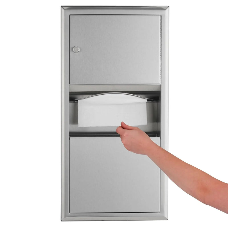 Wall-mounted tissue dispenser and waste paper storage box. Mirror-polished stainless steel material. 2-gallon capacity. Can hold 350 single-layer or 475 multi-layer tissues. Easy to install. Suitable for commercial bathrooms. L6432