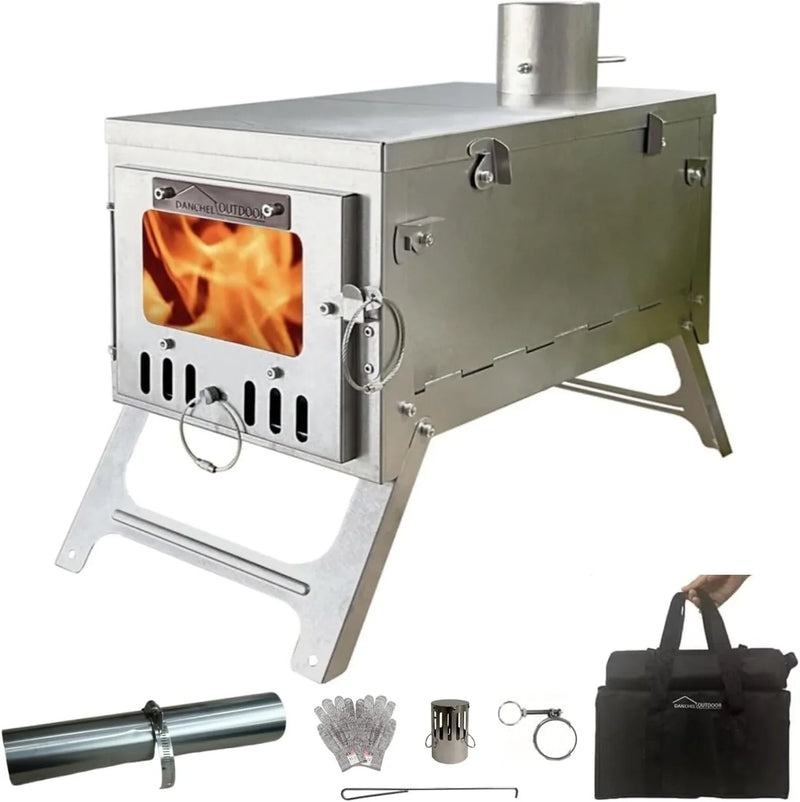 Titanium alloy tent wood stove for camping, 2 kilograms, foldable, lightweight and compact portable heat tent stove, comes with a 2.2-meter chimney, suitable for winter backpacking camping. M5535