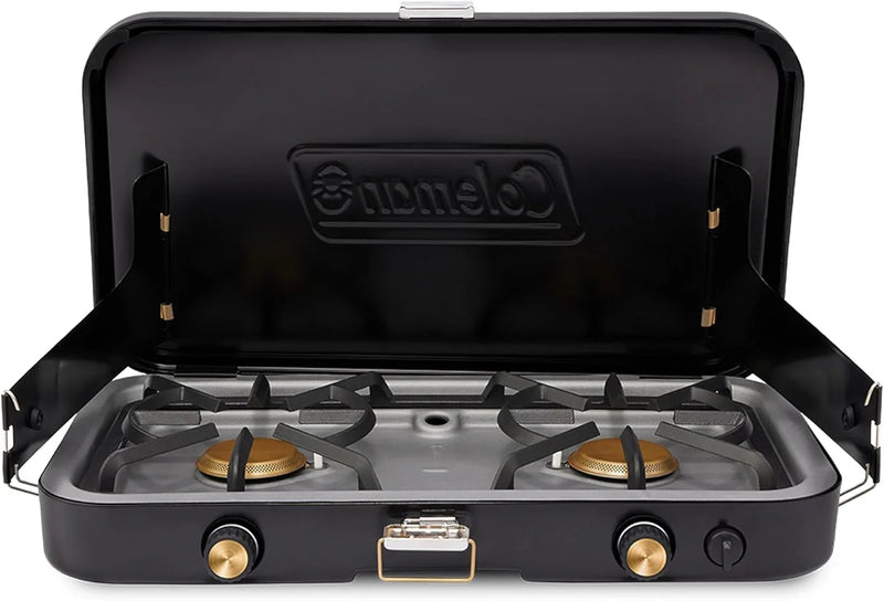 The 1900 series three-in-one propane camping stove, featuring a cast iron grill and frying pan accessories, has a power output of 24000 watts. It is equipped with an adjustable flame cover and excellent lighting device, and comes with two adjustable E4655