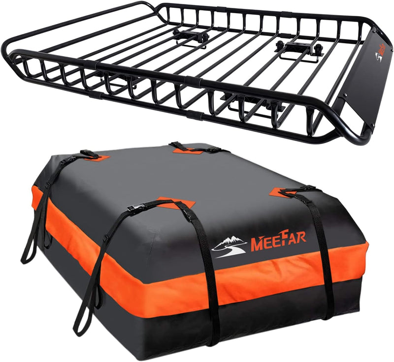 Roof Rack Carrier Basket Universal Rooftop 51" X 36" X 5" Waterproof Bag 15 Cubic Feet (44" 34" 17"), and Cargo Net with Attachment Hooks, Ratchet Straps U2859