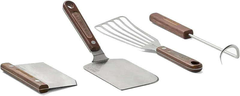 4-piece frying pan set - includes frying pan spatula, workbench scraper, fish spatula and pigtail flipper - brown linen micro-carbon fiber handle L3020