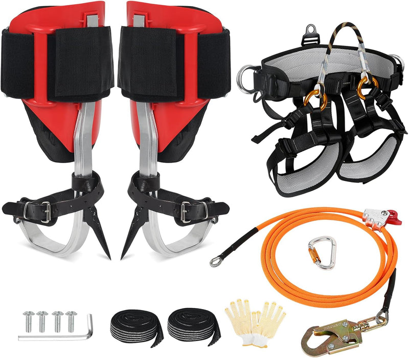 Tree Climbing Spikes Set for Tree Work, Adjustable Tree Climbing Gear with Safety Seat for Tree Climbing and 10FT Steel Wire Core Flip Line Kit for Outdoor Jungle Survival Fruit Picking G2039