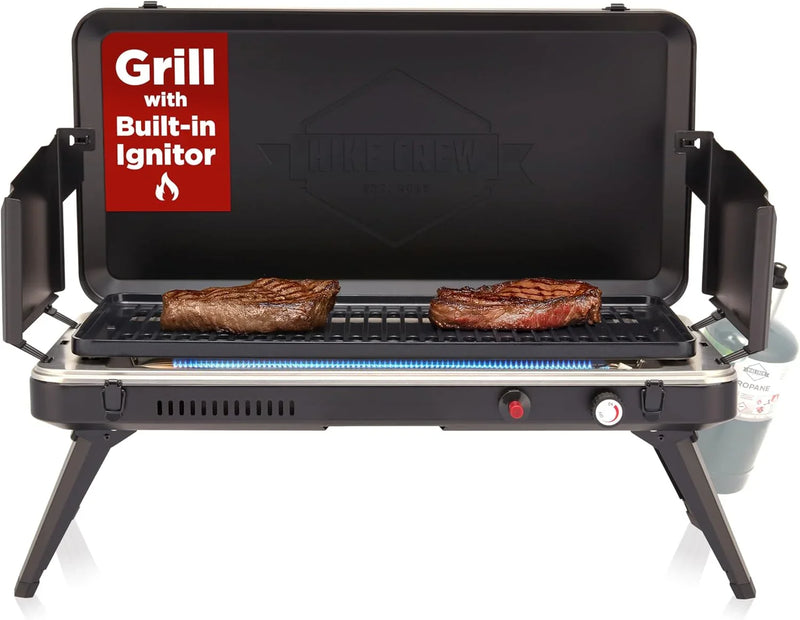 Gas camping barbecue grill | 13,000 watts | Portable liquefied gas burner | Foldable legs and feet | Integrated igniter and built-in regulator (with stainless steel drip tray) | Windproof panel and built-in handle M2811