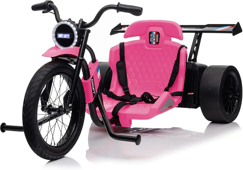 Children's electric drift tricycle, three-wheel electric drifting bicycle, equipped with LED lights, 16-inch inflatable tires, battery-powered, suitable for boys and girls aged 8 and above, outdoor electric driving vehicle (black) I6104