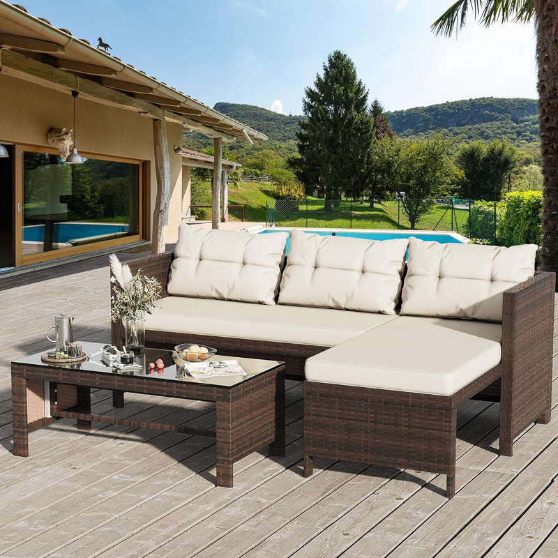 Outdoor Patio Furniture Sets, Wicker Patio sectional Sets 3-Piece, All Weather Wicker Rattan Patio Seating Sofas with Glass Coffee Table and Cushion (Beige) H7519