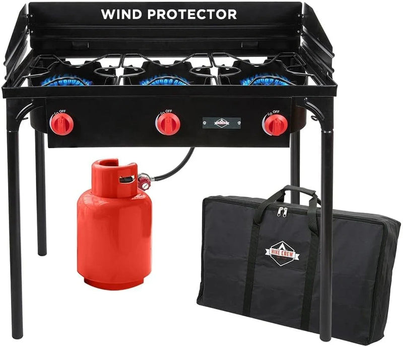Dual-burner outdoor gas stove | 150,000 British thermal units portable propane stove, with blue flame control, detachable legs, temperature control knob, windproof panel, hose, regulator and storage box D9836
