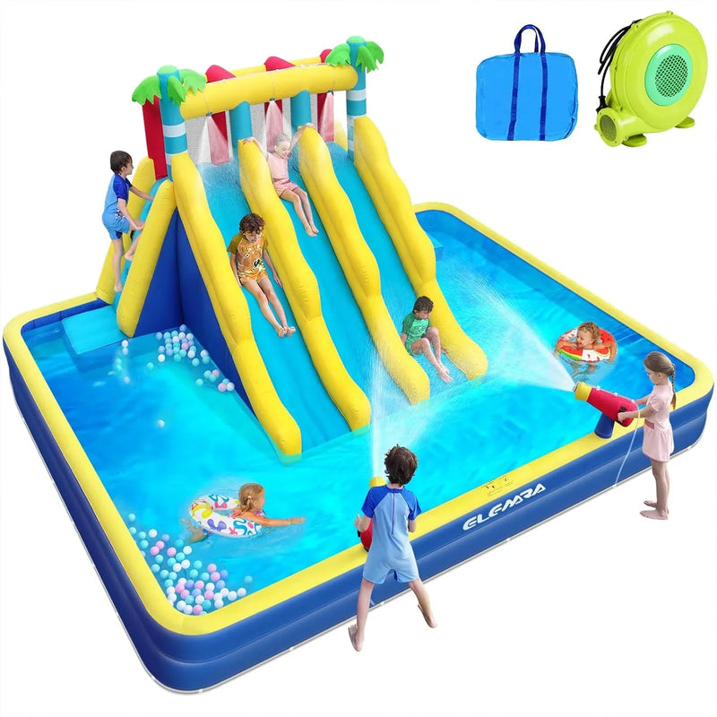 20.66x16.4FT Inflatable Water Slide for Big Kids, Water Park for Kids Backyard with Large Double-Layer Pool,3 Extra-Long Slides,Climbing Wall, 2 Water Cannons, Water Spraying, 750W Air Blower A4211
