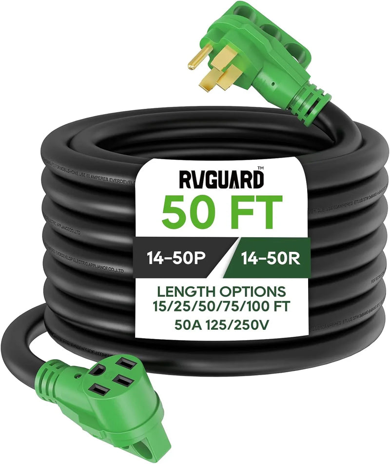 50 Amp 50 Foot RV/EV Extension Cord, NEMA 14-50P/R Heavy Duty Extension Cord with LED Power Indicator and Cord Organizer, Green, ETL Listed H2375