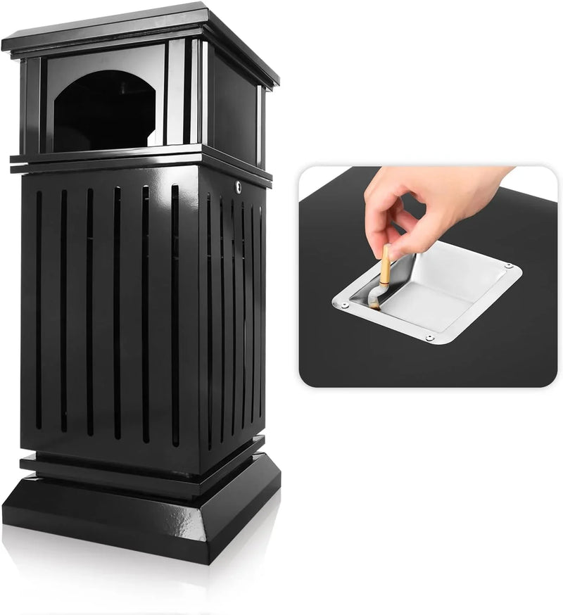 Outdoor trash bin top tray matte black stainless steel commercial waste storage box with lock cover. Heavy-duty industrial garden garage garbage container, dimensions: 35.5 * 15.8 * 15.8 inches. M6684
