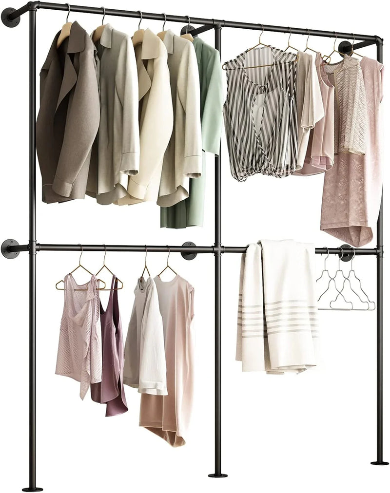 Industrial-style wall-mounted pipe clothes hanger, wall-mounted clothes hanger with double hanging rods, for closet storage (gold) U9930