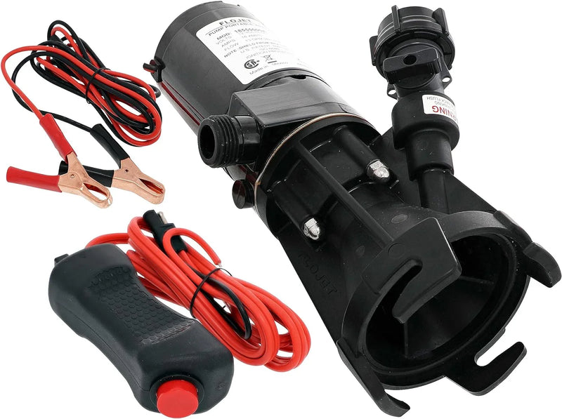 18555-000A - 12V DC waste pump, suitable for camper vans / motorhomes - Can empty a 40-gallon water tank in 5 minutes - Output flow rate 9 gallons per minute - 3/4 inch garden hose interface - Stainless steel grinder, self-priming, remote switch D8908