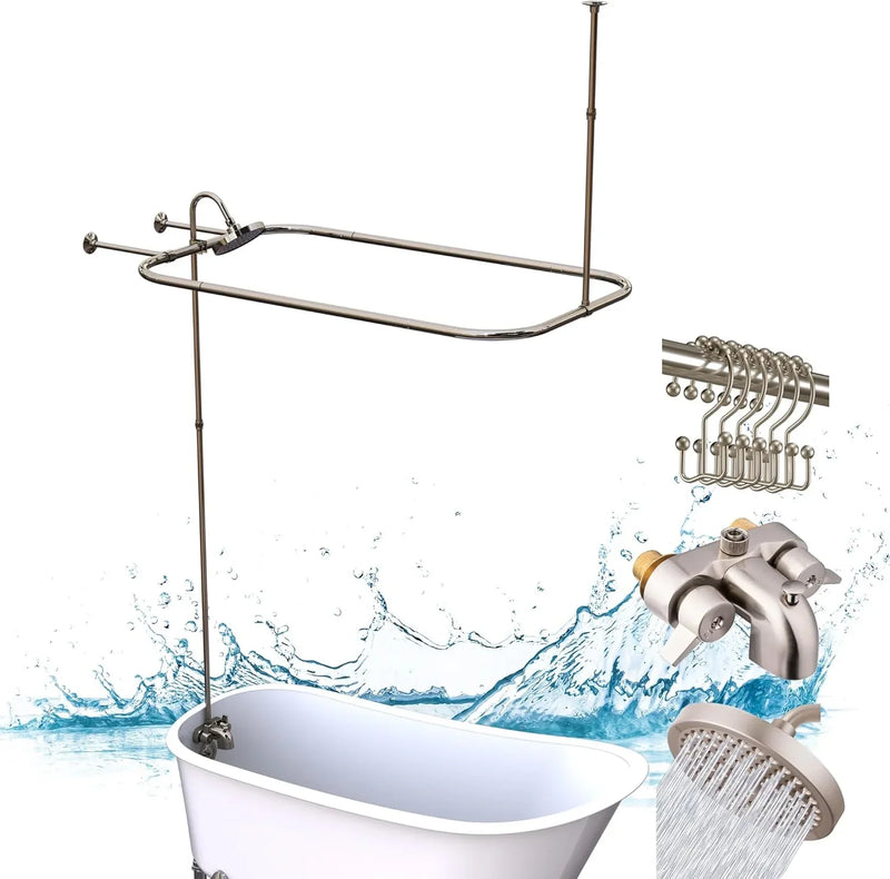 Clawfoot Tub Shower Kit, Add On Shower Units With Bathcock Diverter Faucet and 48" X 27“ Rectangular Claw foot Tub Shower Curtain Rod Kit,Claw foot Tub Shower Faucet Set,Brushed Nickel C3640