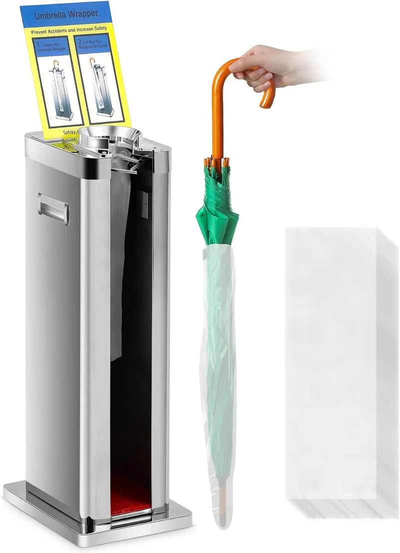 Automatic wet umbrella packaging machine, stainless steel single-slot umbrella bag distributor bracket, equipped with 1000 long umbrella bags and warning signs, suitable for commercial shopping centers, hotels, in silver color. R0120