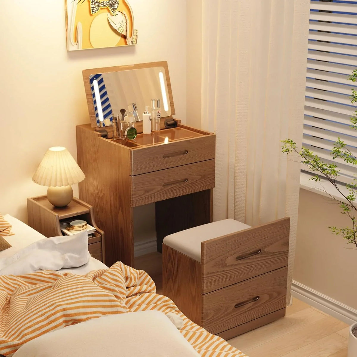Solid Wood 3 in 1 Vanity Desk with Flip Top Mirror, No Assembly, Compact Vanity with Hidden Chair, Small Makeup Vanity Set with Power Outlet, Dressing Table for Bedroom, White