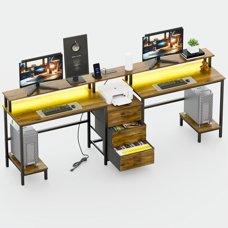 2 Person Desk with LED Lights & Charging Station – Long Desk for 2 with Storage Drawers, Monitor Riser, USB Ports & Outlets – Modern Study Table or Workstation for Home Office S5585