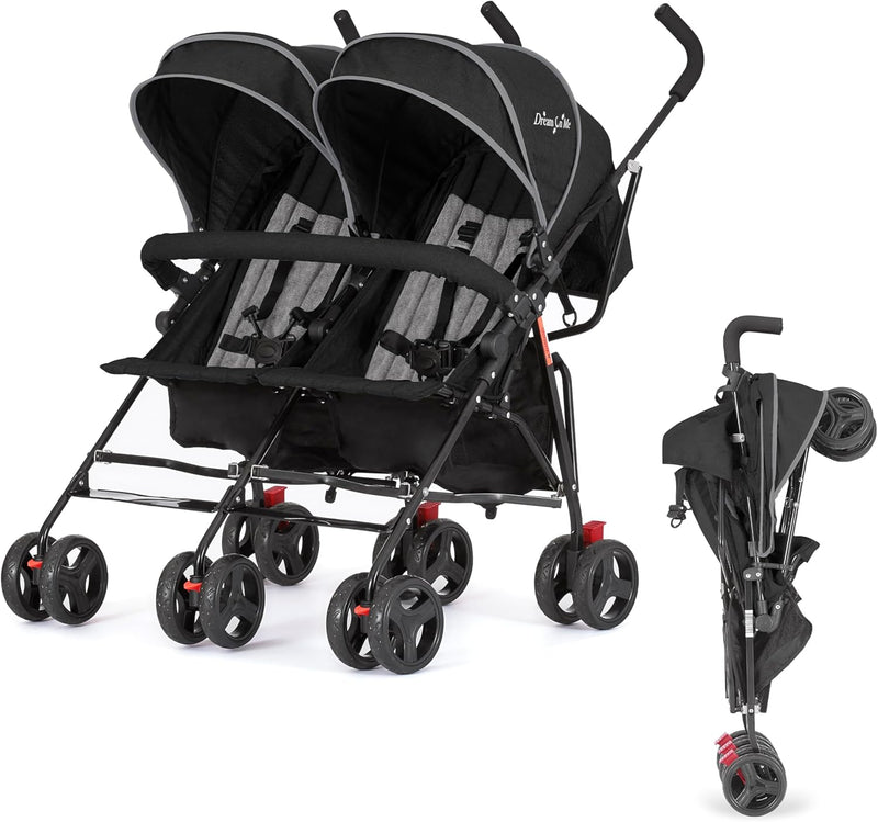 Twin Umbrella Stroller in Black, Lightweight Double Stroller for Infant & Toddler, Compact Easy Fold, Large Storage Basket, Large and Adjustable Canopy B7211