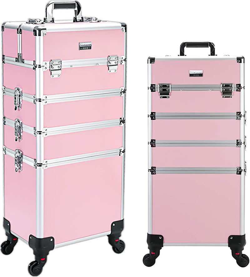 4 in 1 Professional Rolling Aluminum Cosmetic Makeup Train Organizer Storage Case Artist Train Case Salon Beauty Cosmetic Jewelry Organizer Trolley with 4 Wheels (All Black) T2163