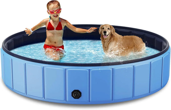 Foldable Dog Swimming Pool, 120"x20" Oversize Collapsable Hard Plastic Potable Bathing Tub for Pet Dog Kiddie Pool Indoor and Outdoor Leakproof PVC Play Pool for Large Dogs Pets Puppy Kids Blue Z1862
