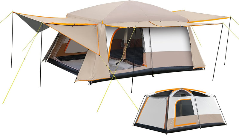 Camping Tent, 4-6 Person Family Cabin Tents, Large Waterpoof Tents for Camping Outdoor, 210D Oxford Fabric Blackout Foldable Sunburn Prevention Tent with 2 Rooms, 3 Foyers for Picnic Khaki P2762