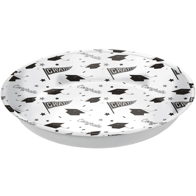 "Congrats Grad" Round Plastic Reusable Serving Bowl, White, 14-in, for Graduation F4414