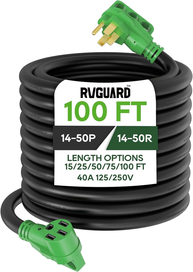 40 Amp 100 Foot RV/EV Extension Cord, NEMA 14-50P/R Heavy Duty Extension Cord with LED Power Indicator and Cord Organizer, Green E3161