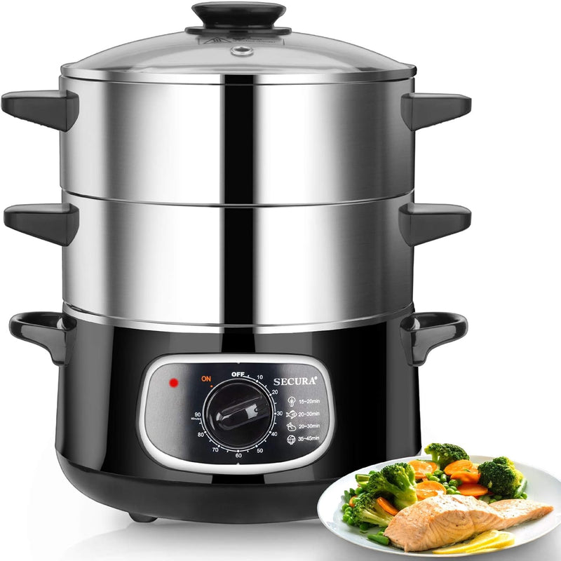 2 stainless steel food steamers, 8.5 liters capacity, electric glass-covered vegetable steamer, double-layer stackable steaming basket, with timer included G6705