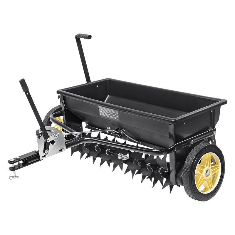 Broadcast seeder, 100-pound tractor-mounted rear polyethylene seeder with 10-inch wheels, equipped with a steel spike weeder, fertilizer spreader, garden seeder and salt spreader, suitable for residences, farms, rough terrain, and black pavement. L1720