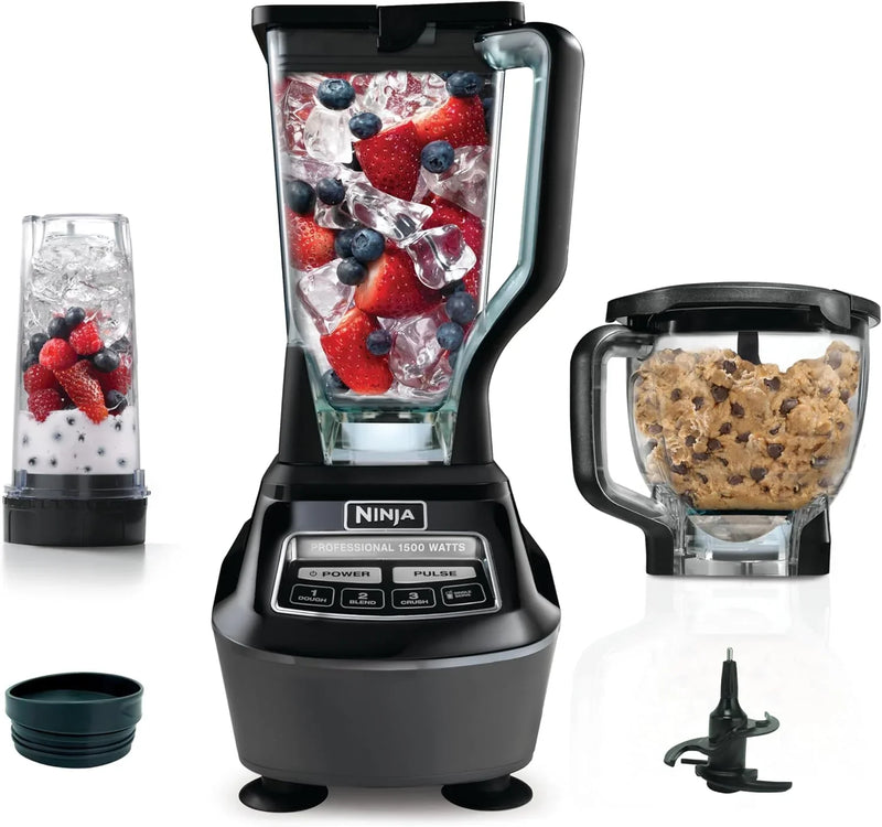 Blender, Mega Kitchen System, 1500W, 4 Functions for Smoothies, Processing, Dough, Drinks & More, with 72 Blender Pitcher, 64 Processor Bowl, 2 Nutri Cups Lids, Black, BL770 N6965