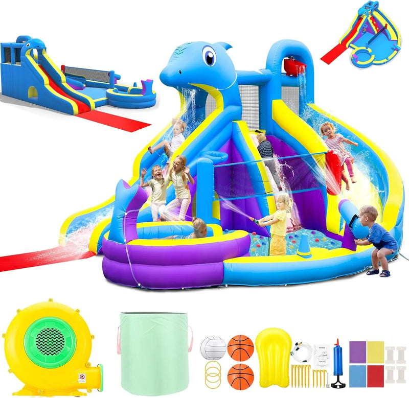 11-in-1 Inflatable Water Slide & Dolphin Bounce House w/2 Long Slides, 19.7 Ft x 13.1 Ft Extra Large Waterslide Climbing Wall w/Small Deeper Pool,Water Cannons,Hoop for Kids Backyard,550W Blower J6350