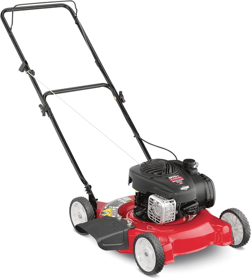 20-inch steel cutting deck, side-discharge gasoline-powered push lawn mower, with engine oil, available in red and black, suitable for outdoor yards. N7593