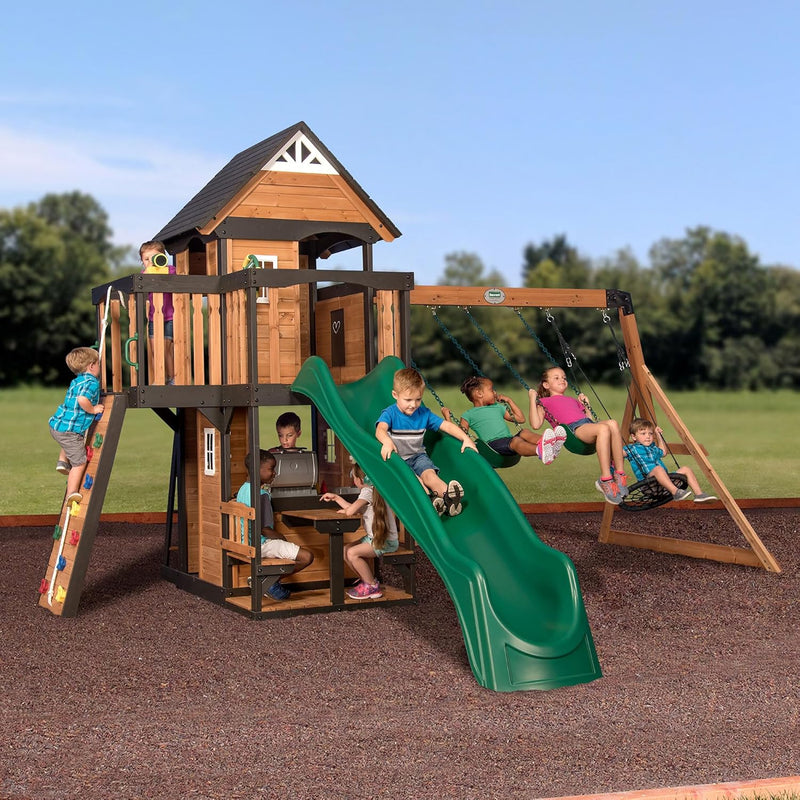 Canyon Creek Cedar Wood Swing Set with Wave Slide, Clubhouse, Play Kitchen, Picnic Area, Belt Swings, Web Swing, Rock Wall, Balconies, Playhouse, Step Ladder, Outdoor Playset S6622