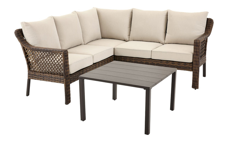 Bracebridge All-Weather Wicker Outdoor Patio Sectional with Woodgrain Steel Table Top, Brown, 3-pc F8632