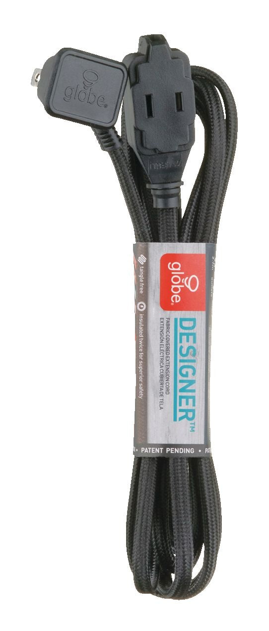9-ft 16/2 Fabric Extension Cord, Right Angle Plug, 3 Outlets, Black H7512