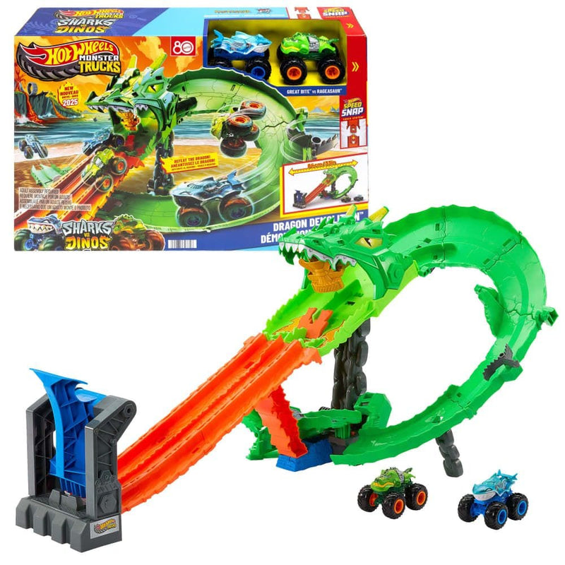 Sharks vs. Dinos Dragon Destruction Playset with 2 1:64 Monster Trucks C1970