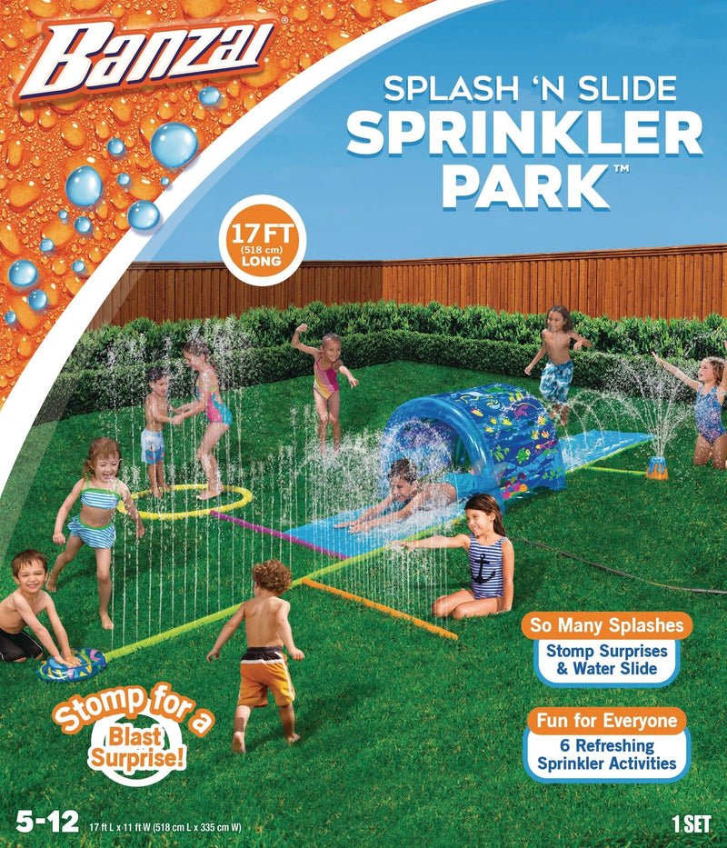 Inflatable Splash ‘N Slide Water Sprinkler Park, Blue, 17-ft, Ages 5+, for Beach/Pool Fun Activities P4127