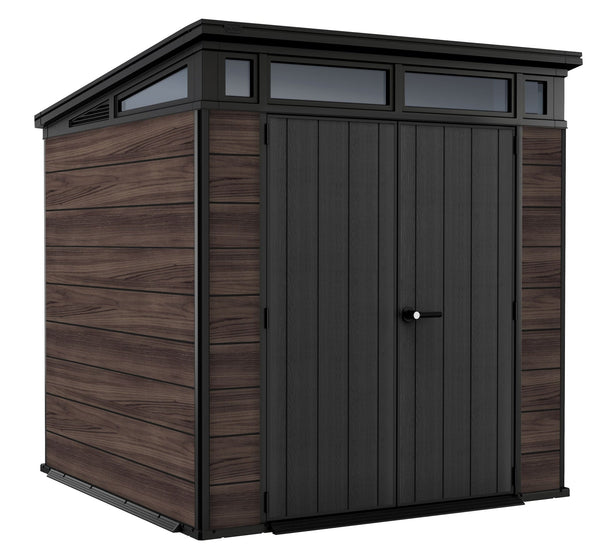 Pent Durable DecoCoat Lockable 2-Door Resin Outdoor Storage Shed with Windows, Brown, 7-ft x 7-ft P5762