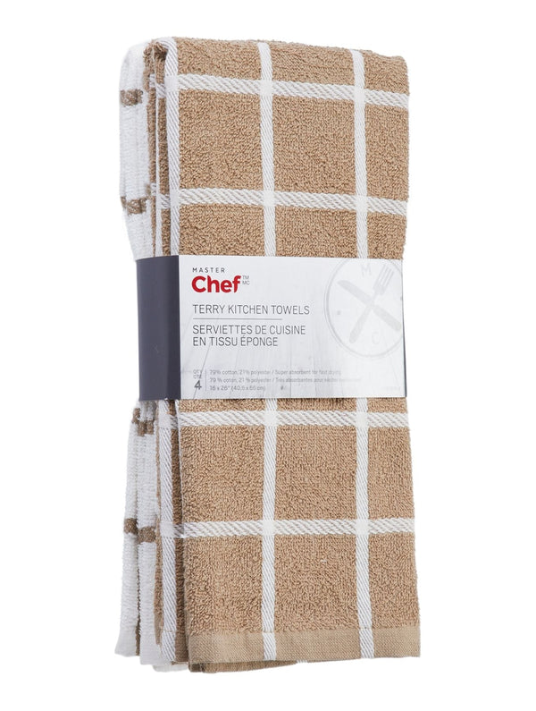 Terry Cotton Checkered Kitchen Towels, Reusable, 16-in x 26-in, 4-pk, Brown/White L2791
