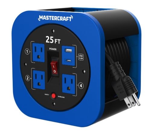 25-ft 13A 3-Outlet/1 USB-A and 1 USB-C Extension Cord Reel J0144