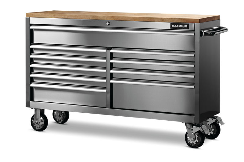 Butcher Block Top Rolling Tool Storage Cabinet with 10 Drawers, Stainless Steel, 56-in Q7982