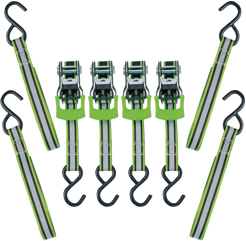 1,500-lb Reflective Ratchet Tie Down Strap, with Padded D-Handle, 1-in x 12-ft, 4-pk, Green X1297