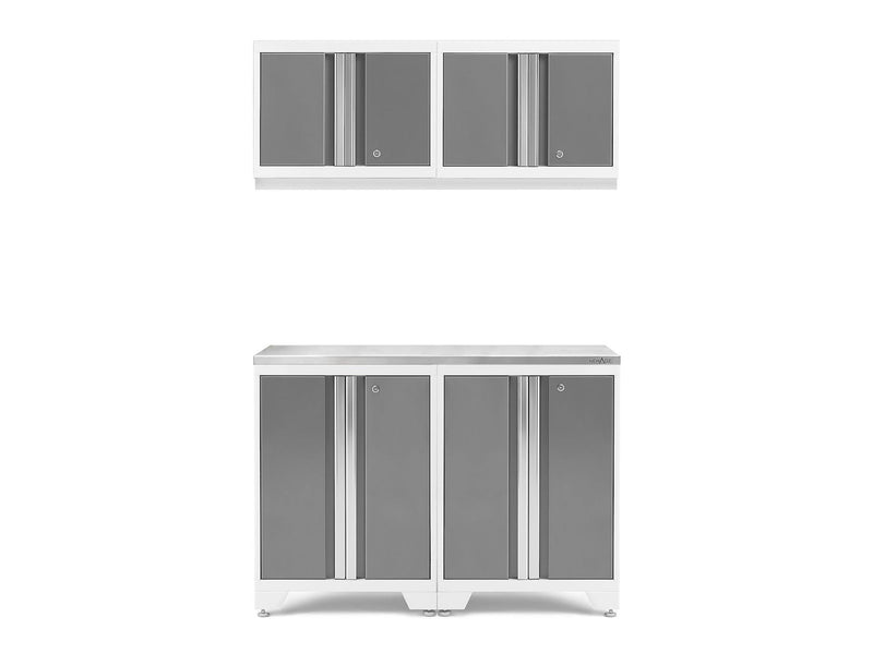 Bold 3.0 Series All-in-One Lockable Steel Garage Cabinetry Set with Stainless Steel Top, White/Platinum, 48-in x 18-in x 76.75-in, 5-pc L5998
