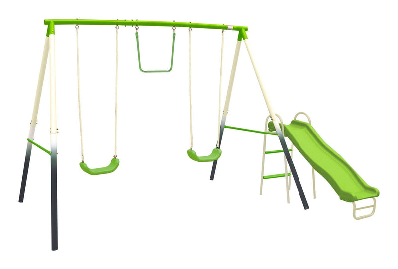 Outdoor 4-Station Metal Swing Set Combo with 2 Swings, Trapeze & Slide, Ages 3+ T3859