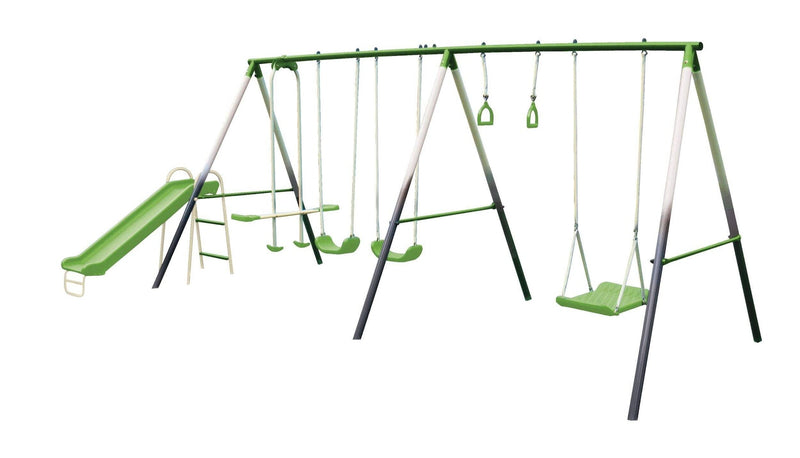 Outdoor 7-Station Metal Swing Set Combo with 2 Swings, Trapeze & More, Ages 3+ L2167