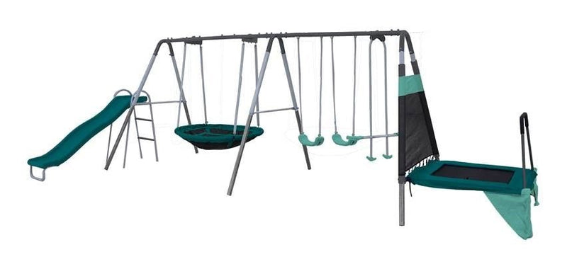 Outdoor Ravine Metal Swing Set Combo, 2 Swings, Glider, Trampoline & Saucer B0636