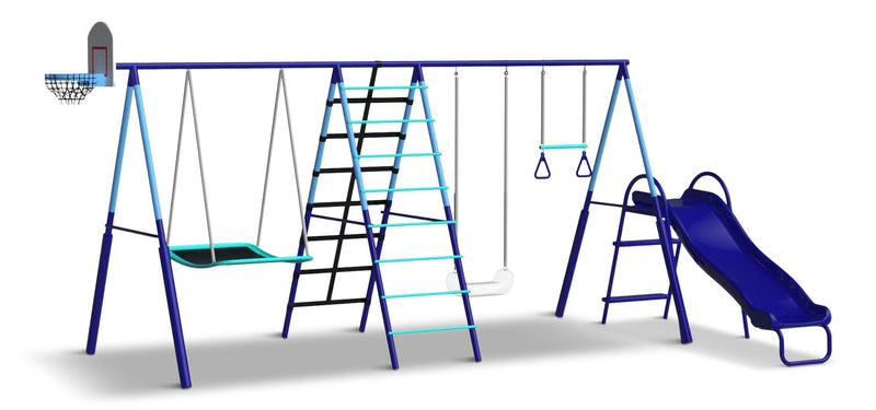 Sunset Slam Kids' 7-Station LED Metal Swing Set Combo with Basketball Hoop & Slide M7804