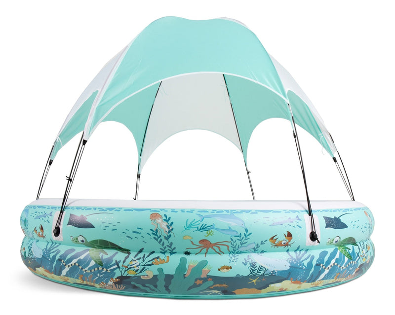 Ocean Life Splash & Play Inflatable 2 Ring Canopy Pool, 86.6” x 86.6” x 64” T0262