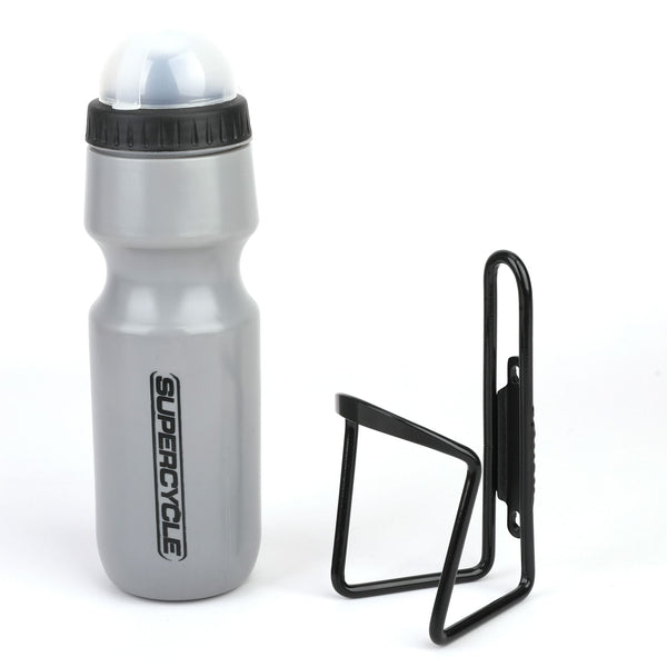 Wide Mouth Self-Sealing Bike Water Bottle withCage/Holder, BPA Free, Silver, 21-oz B8833