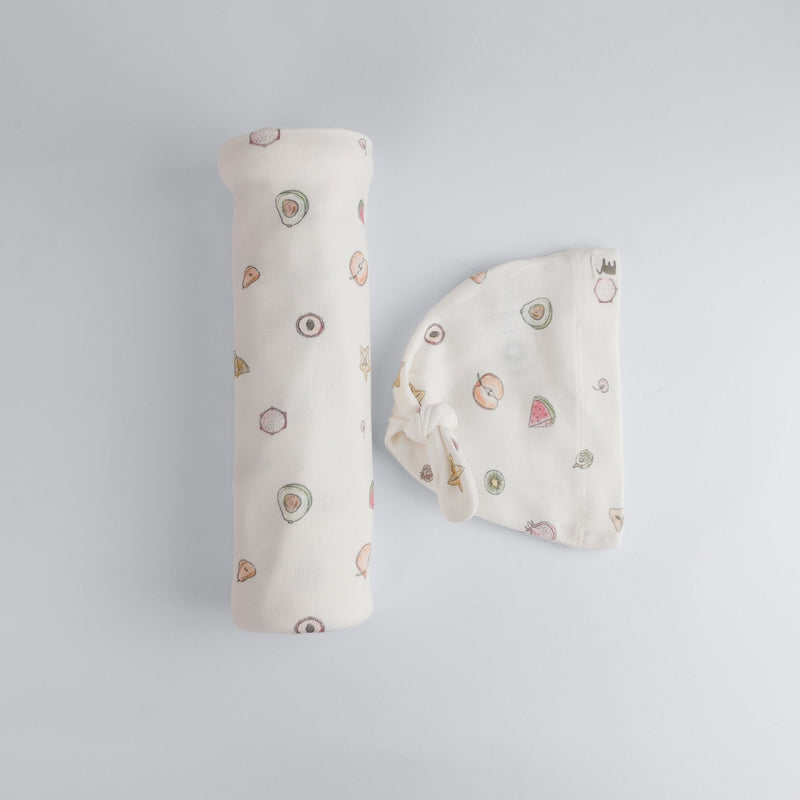 Fruit Print Premium Organic Cotton Blanket and Beanie Set F0957