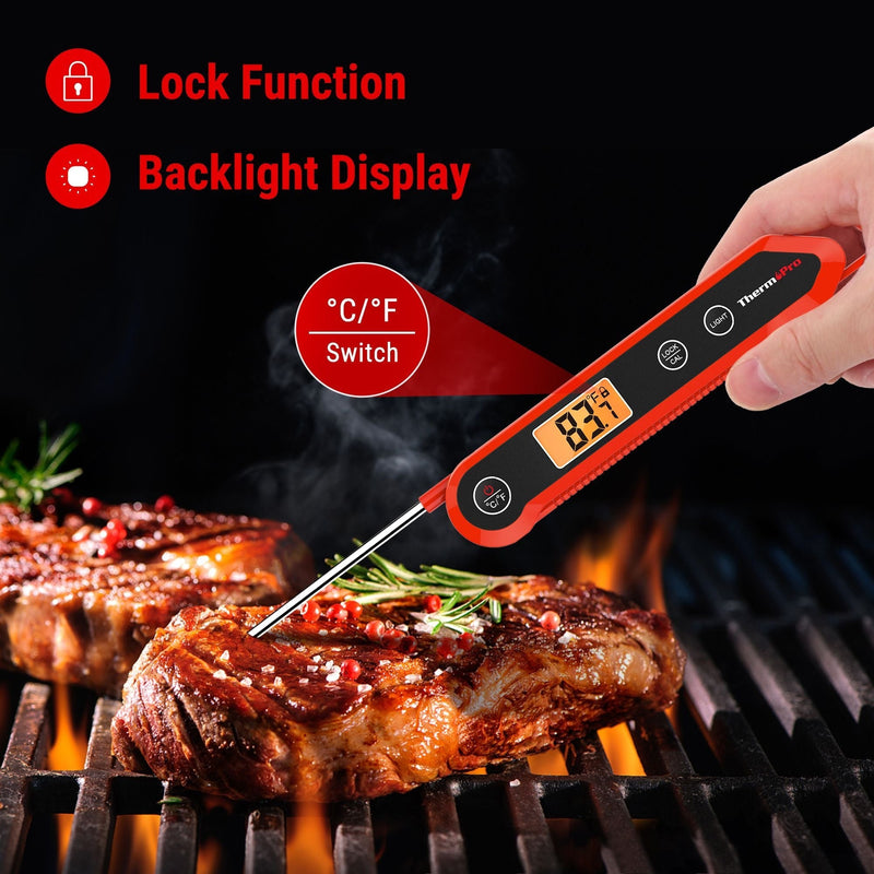 Waterproof Digital Instant-Read Folding Meat Thermometer with Swivel Probe, Black/Red U3263